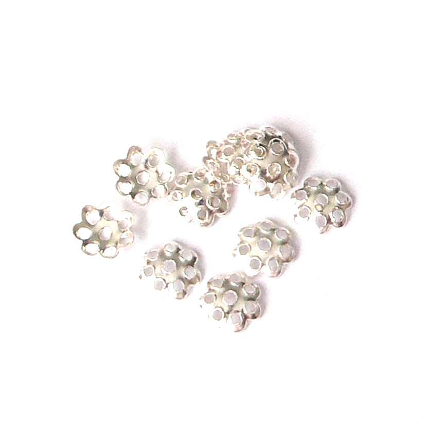 Silver beadcap, flower, 6,5mm, shiny; per 50 pcs