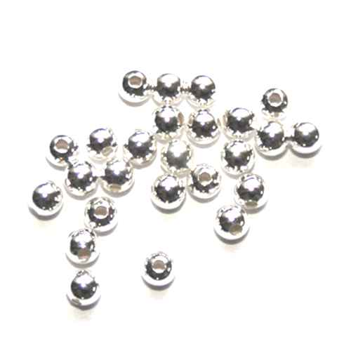 Zilveren kraal, rond, 3mm, 1.2mm rijggat, glanzend; per 50 stuks