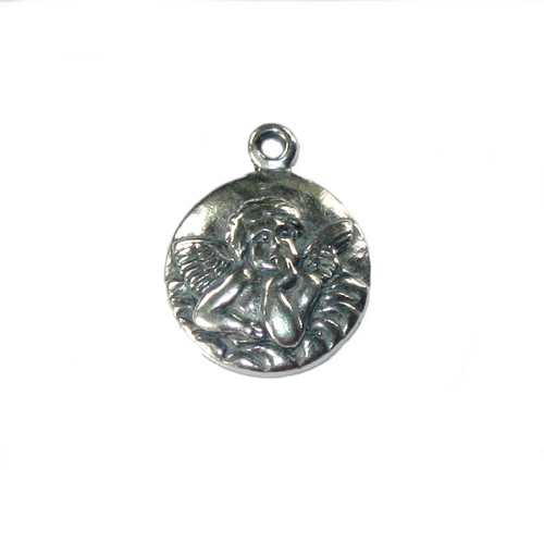 Silver charm, coin with angel, 16mm, antique; per 5 pcs