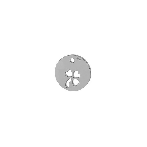 Silver charm, round with clover, 9.5mm, shiny; per 5 pcs - Click Image to Close