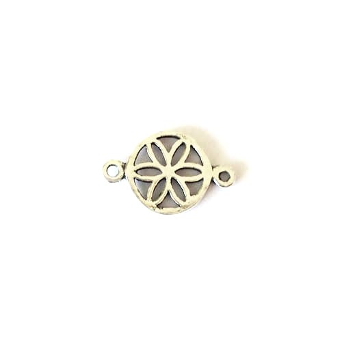 Silver charm, round with floweri, 9.5mm, antique; per 5 pcs
