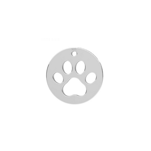 Silver charm, label with dog paw, 13mm, shiny; per 5 pcs