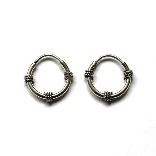 Silver hoop with Balinese wire ornament, 12mm, shiny; per pair