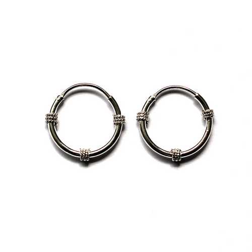 Silver hoop with Balinese wire ornament, 15mm, shiny; per pair
