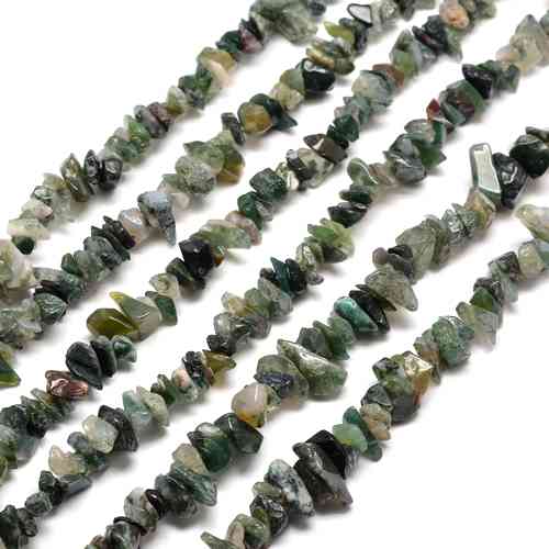 Moss agate, chips, 5-8mm; per 90cm string