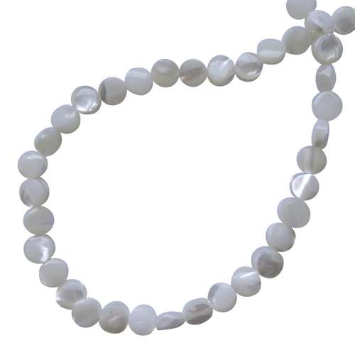 Mother of Pearl, flat round, 6mm, white; per 40cm string