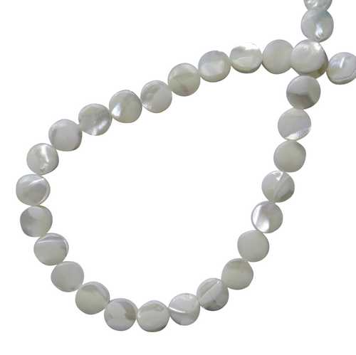 Mother of Pearl, plat rond, 8 mm, wit; per 40cm streng