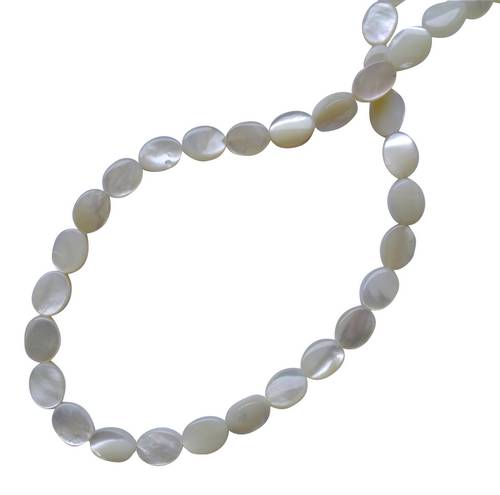Mother of Pearl, flat oval, 6x8mm, white-ivory; per 40cm string