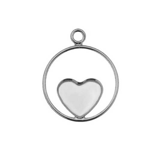 Zilveren hanger, rond 20mm met hart cupje, glanzend; per stuk