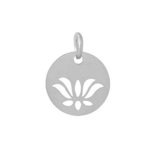 Stainless steel bedel, label met lotus, glanzend; per 5 stuks