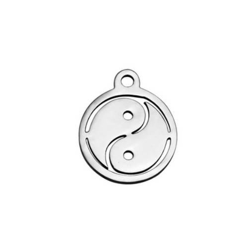 Stainless steel bedel, yin yang, glanzend; per 5 stuks