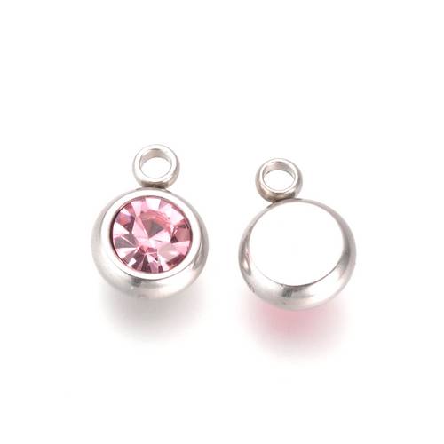 Stainless steel charm,CZ 6mm, pink, shiny; per 10 pcs