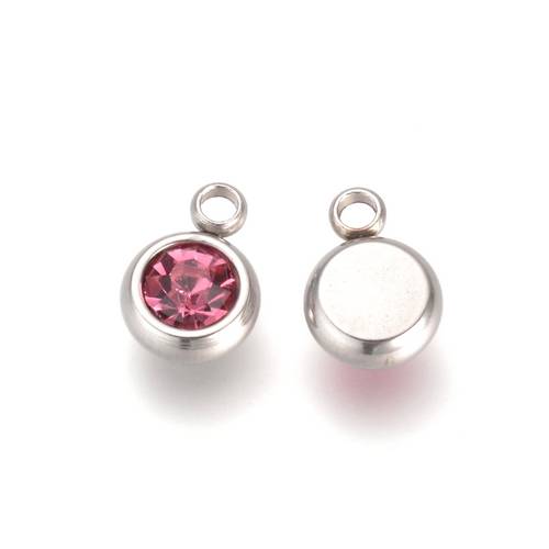 Stainless steel charm,CZ 6mm, pink, shiny; per 10 pcs