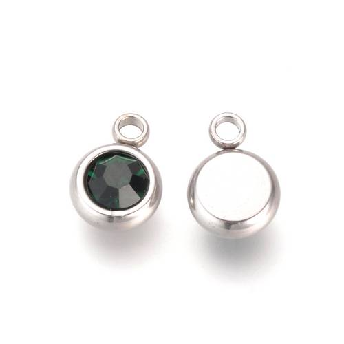 Stainless steel charm,CZ 6mm, emerald, shiny; per 10 pcs