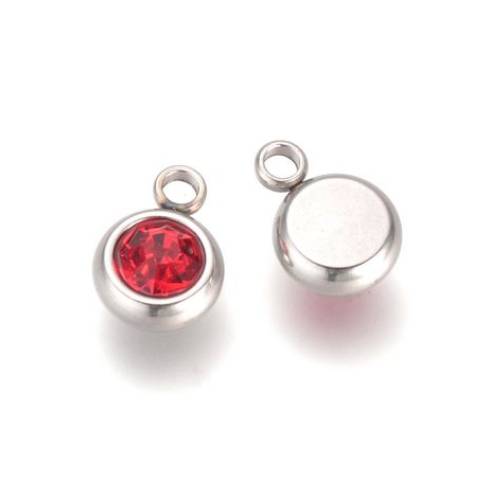 Stainless steel charm,CZ 6mm, rood, shiny; per 10 pcs