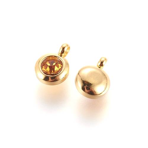 Stainless steel charm, CZ 6mm, topaz, goldplated; per 10 pcs