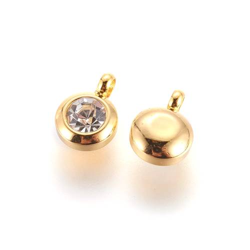 Stainless steel charm,CZ 6mm, crystal, goldpalted; per 10 pcs