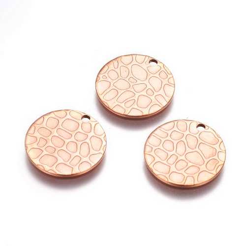 Stainless steel charm, round 15mm, rosegoldplated; per 10 pcs