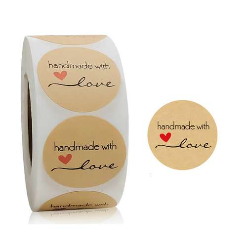 Rol stickers, 25mm, tekst 'Handmade with love'; per rol - Klik op de afbeelding om het venster te sluiten